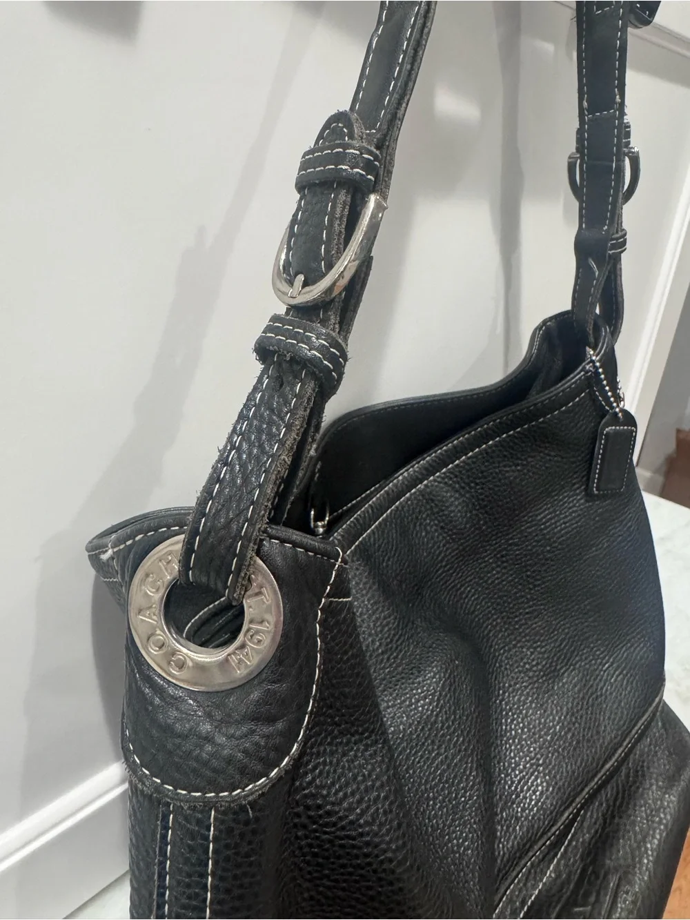 Black Leather Shoulder Bag with Contrast Stitching by Coach